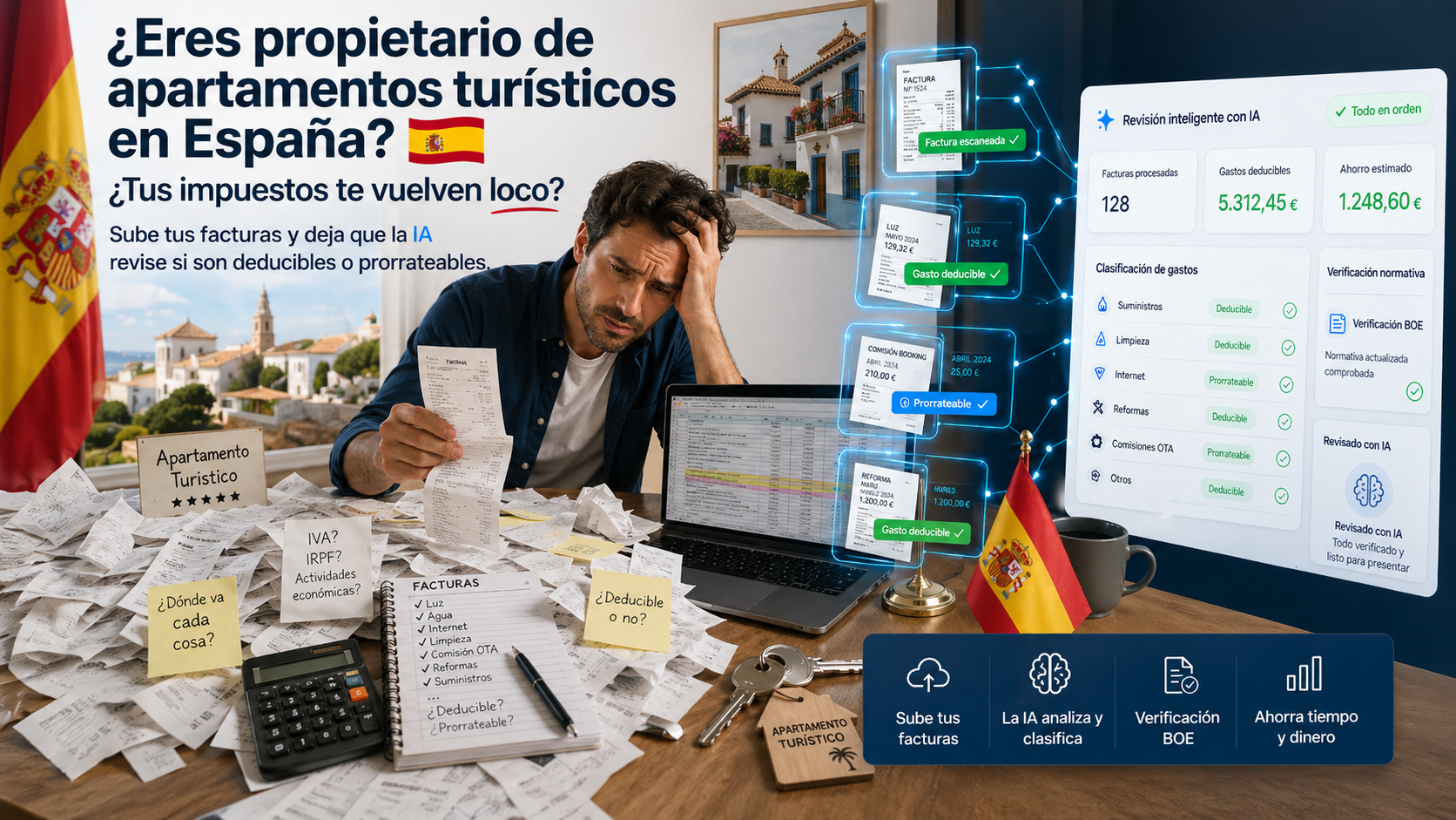 IA fiscal do PMS Kit Pro analisando notas fiscais dedutíveis para imóveis de temporada na Espanha