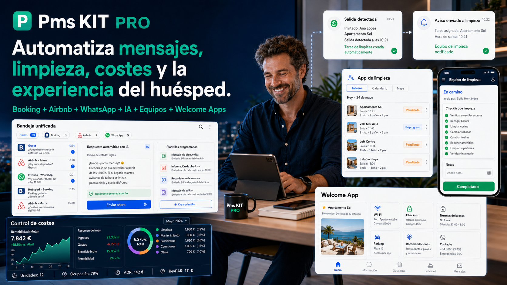 Caixa unificada do PMS Kit Pro respondendo automaticamente com IA no Booking, Airbnb e WhatsApp para imóveis de temporada