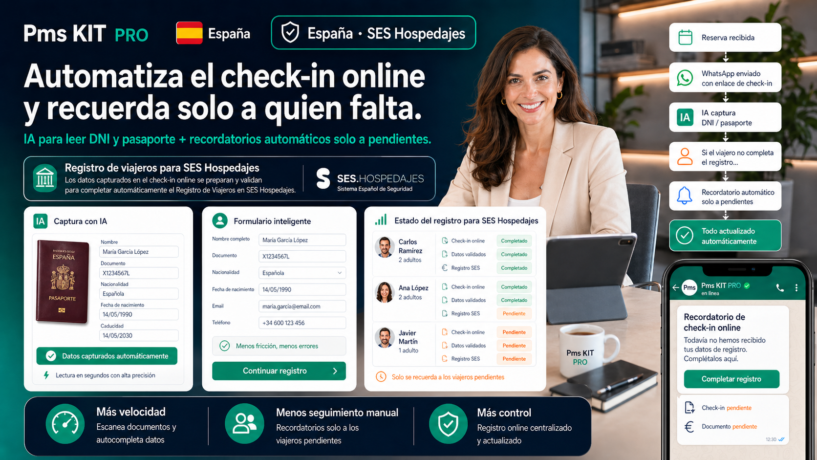 Check-in online com SES Hospedajes no PMS Kit Pro: captura por IA de documento e passaporte para imóveis de temporada